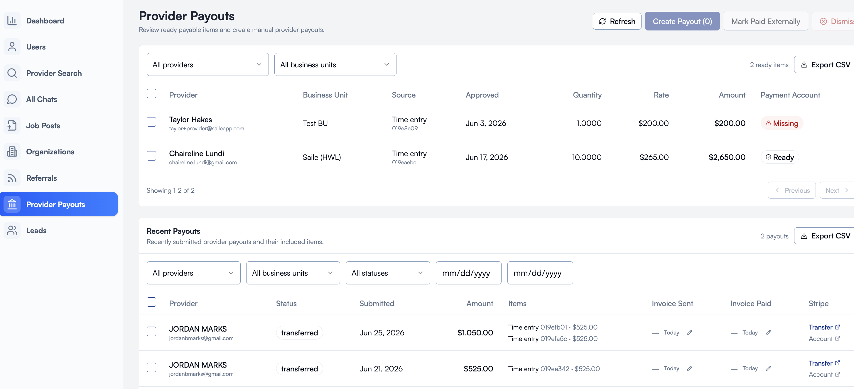 Provider Payouts dashboard