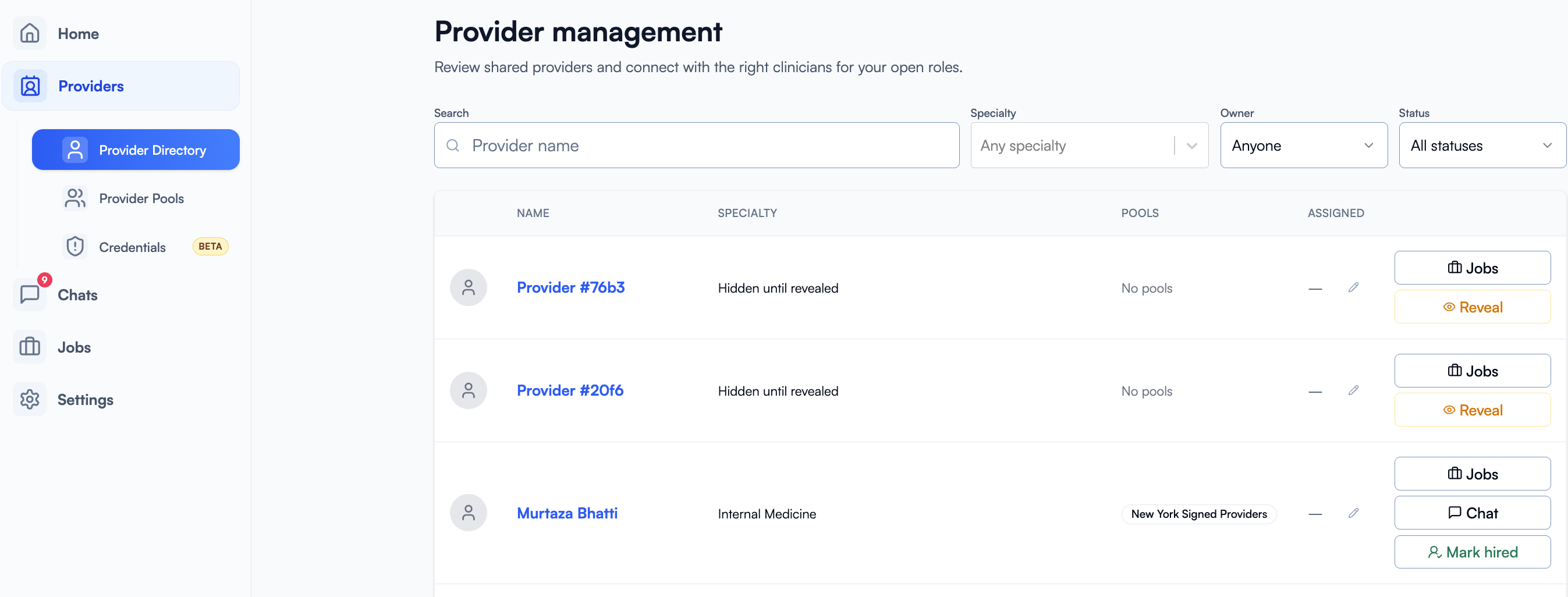 Provider Directory with Mark hired action