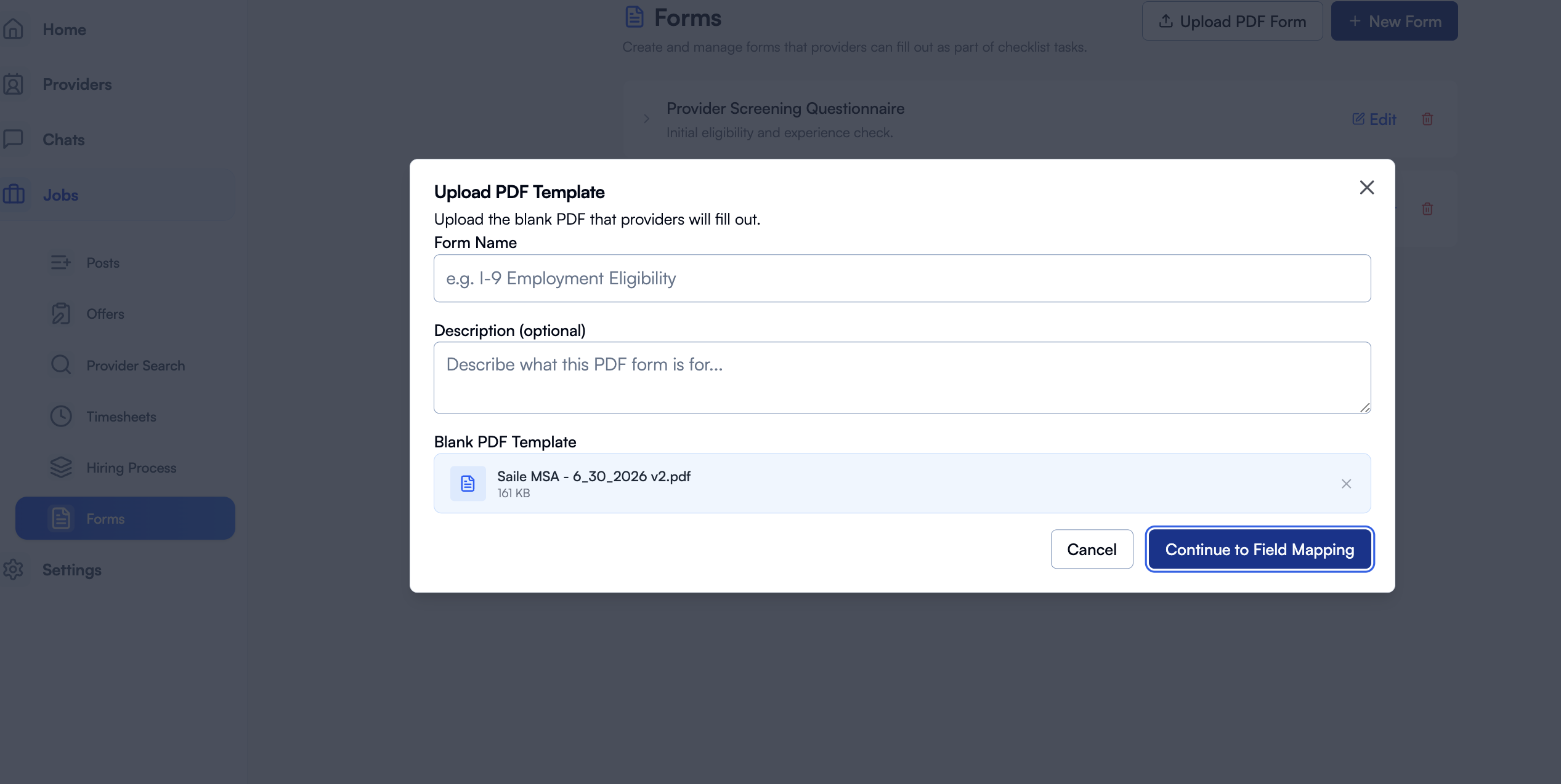 Upload PDF Template modal